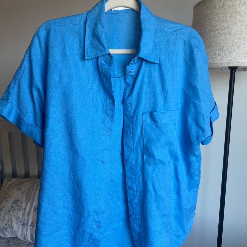 Mango Blue Women's Button Down Linen Shirt